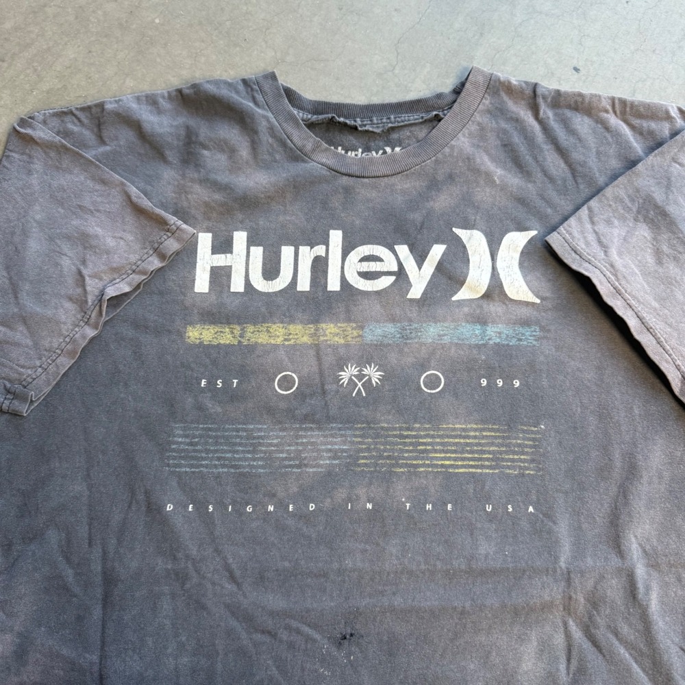 Hurley Mens Graphic T-Shirt XL Charcoal Grey Sun Faded Distressed Surf Tee